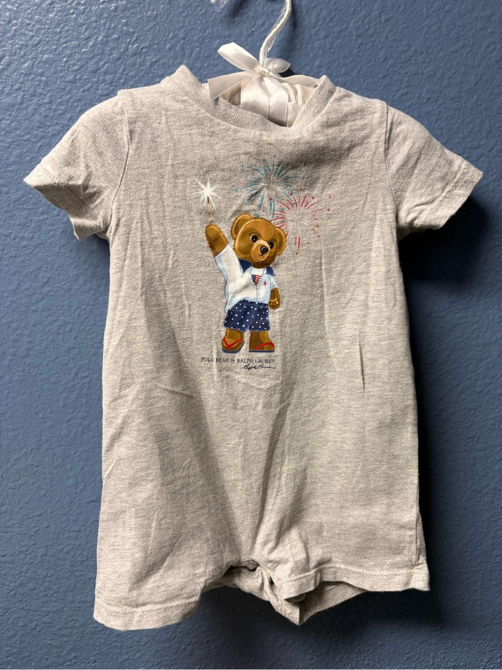 Ralph Lauren Light Gray Bear Short Sleeve Romper with Firework Print